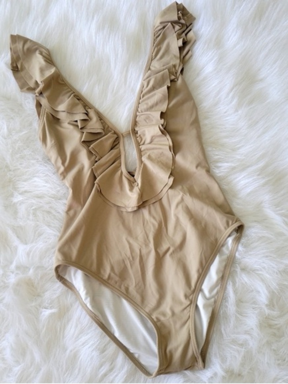 MICHAEL Michael Kors Taupe Ruffle V‑Neck One‑Piece Swimsuit